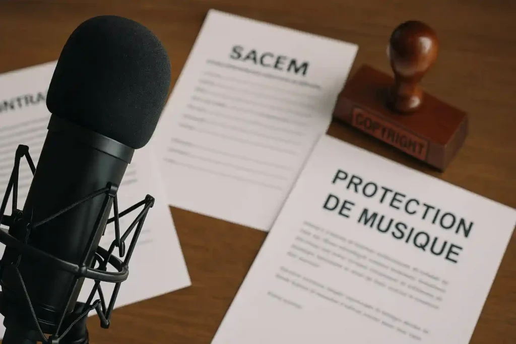 Un micro de studio en avant-plan, et en arrière-plan flou, des documents type contrat, feuille de dépôt SACEM, tampon "Copyright"