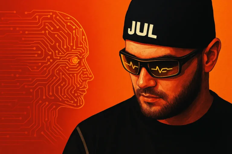 Portrait stylisé de Jul avec un fond orange et ambiance futuriste, évoquant l’intelligence artificielle dans la musique
