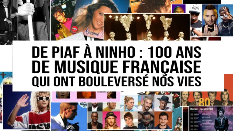 Photomontage retraçant 100 ans de musique française, des cabarets d’Édith Piaf jusqu’au rap moderne de Ninho, avec collage des styles musicaux par époque.